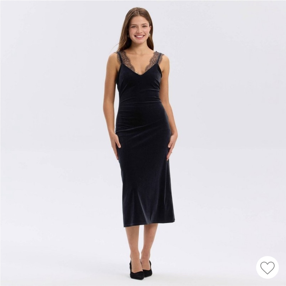 NWT Sleeveless Black Velvet Midi Slip Dress, Lace Straps A New Day for Target